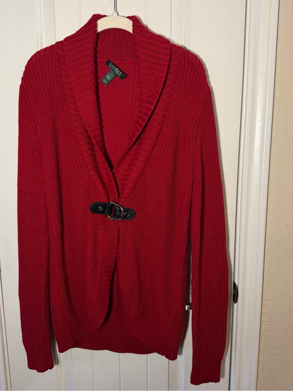 Lauren Ralph Lauren Red Cotton Shawl Collar Buckle Cardigan Size L